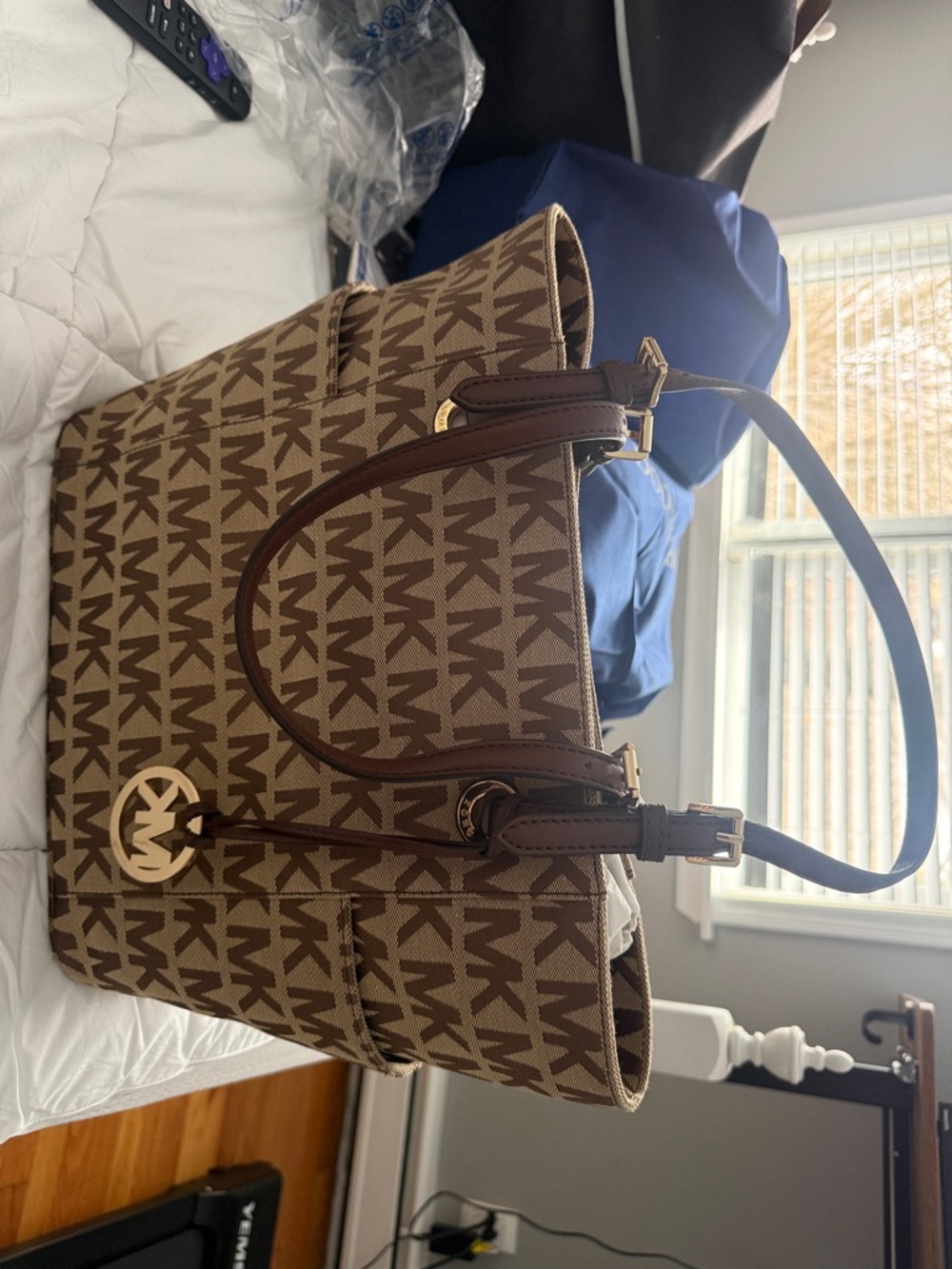Michael Kors Brown MK Logo Tote with Gold Charm